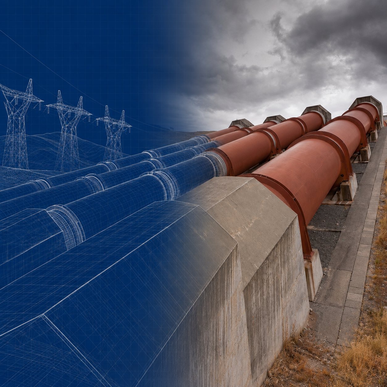 Conduto forçado de usina hidrelétrica conectado a linhas de transmissão de energia, com transição de modelo em wireframe para fotografia real