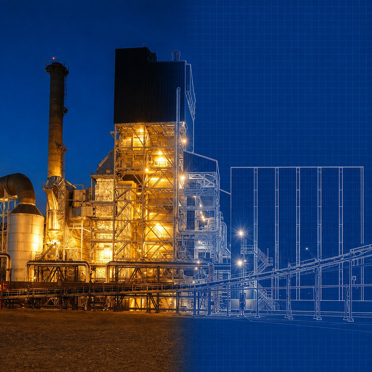 Planta industrial iluminada à noite, vista em perspectiva ampla