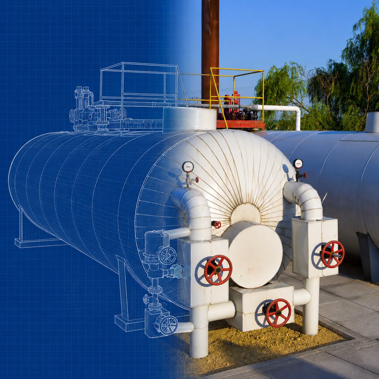 Vaso de pressão industrial com isolamento e conexões