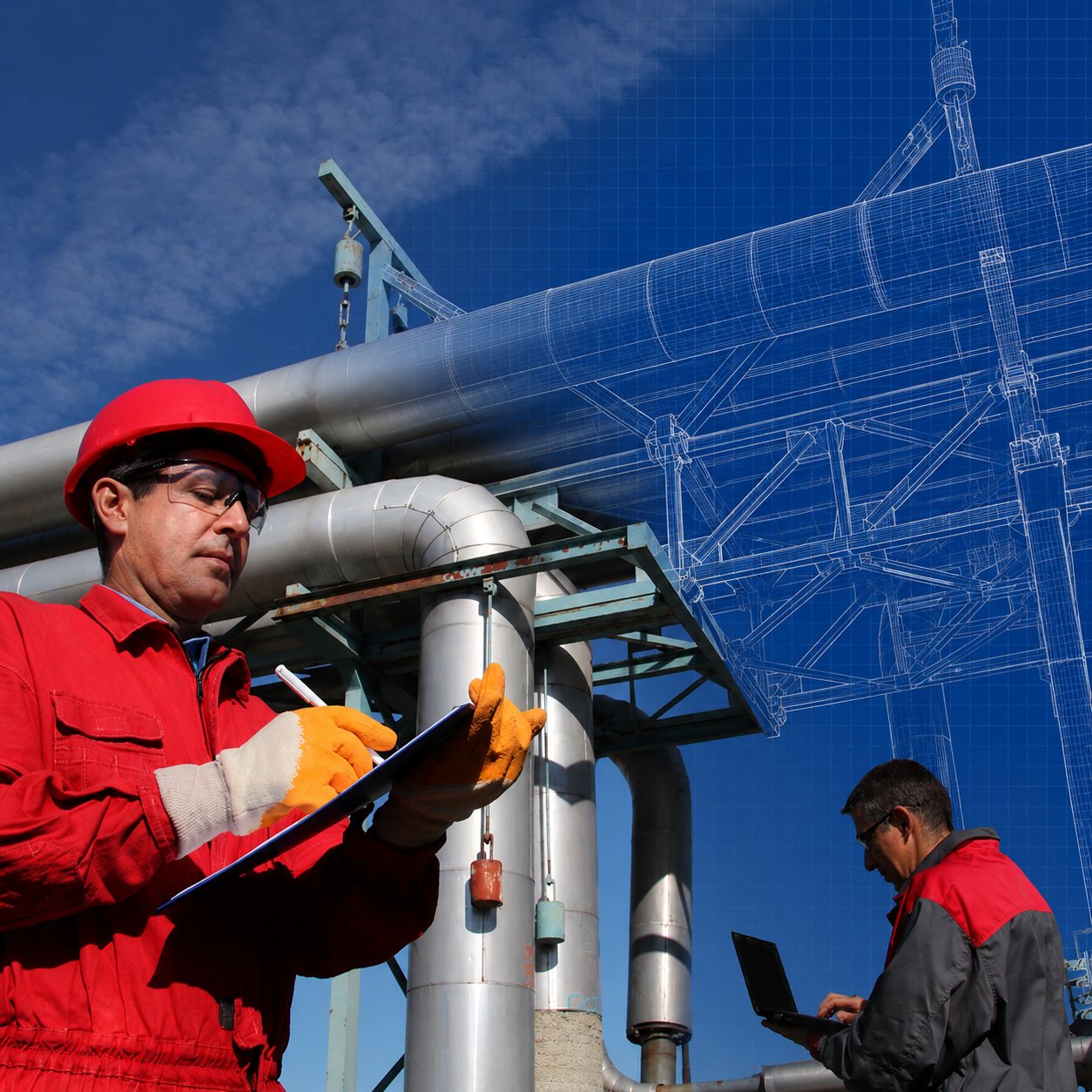 Engenheiros uniformizados inspecionando tubulação em instalação industrial